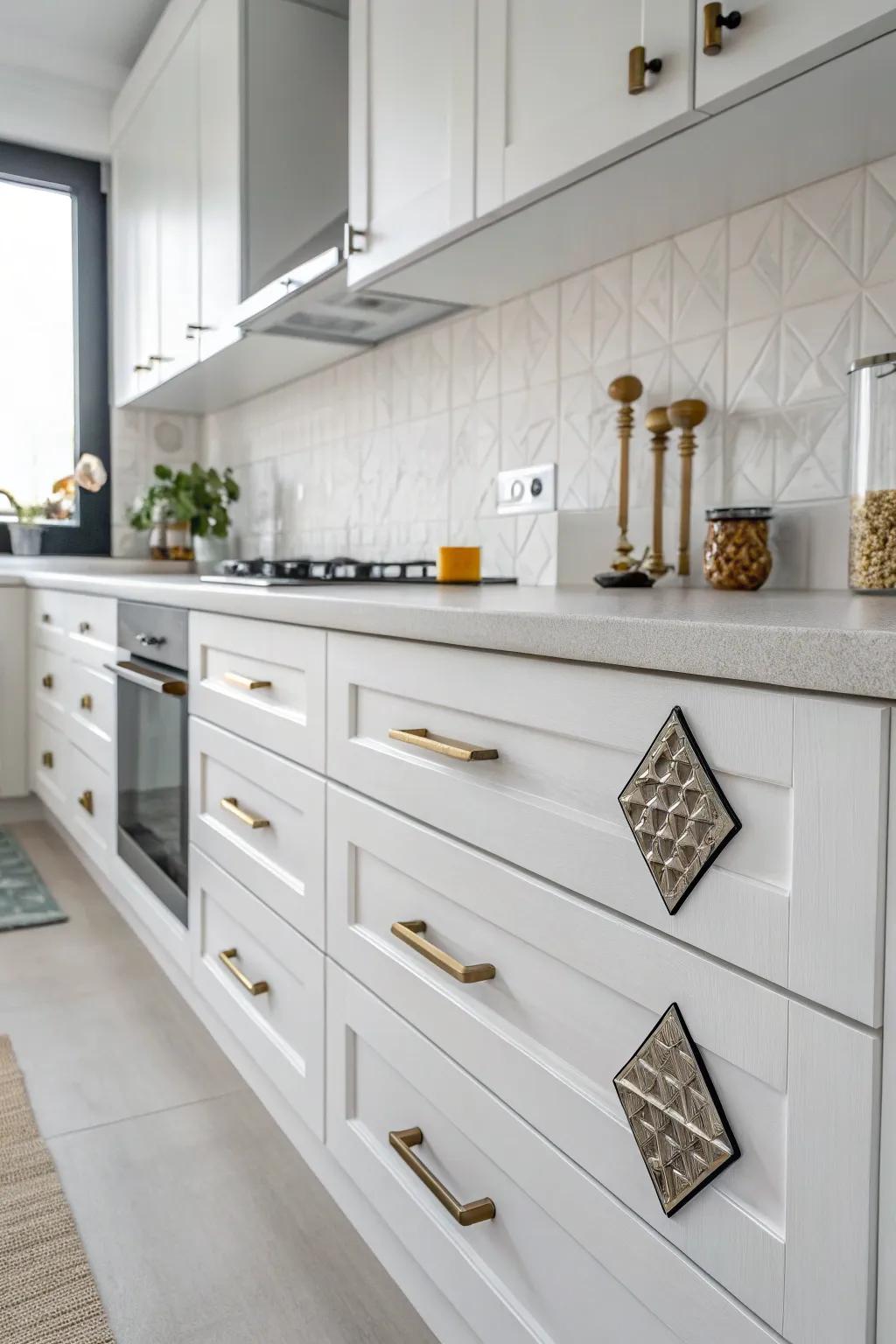 Unique geometric figures adding personality to a minimalist kitchen.