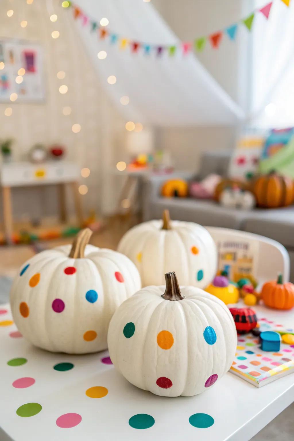 Colorful polka dot pumpkins for a fun vibe.
