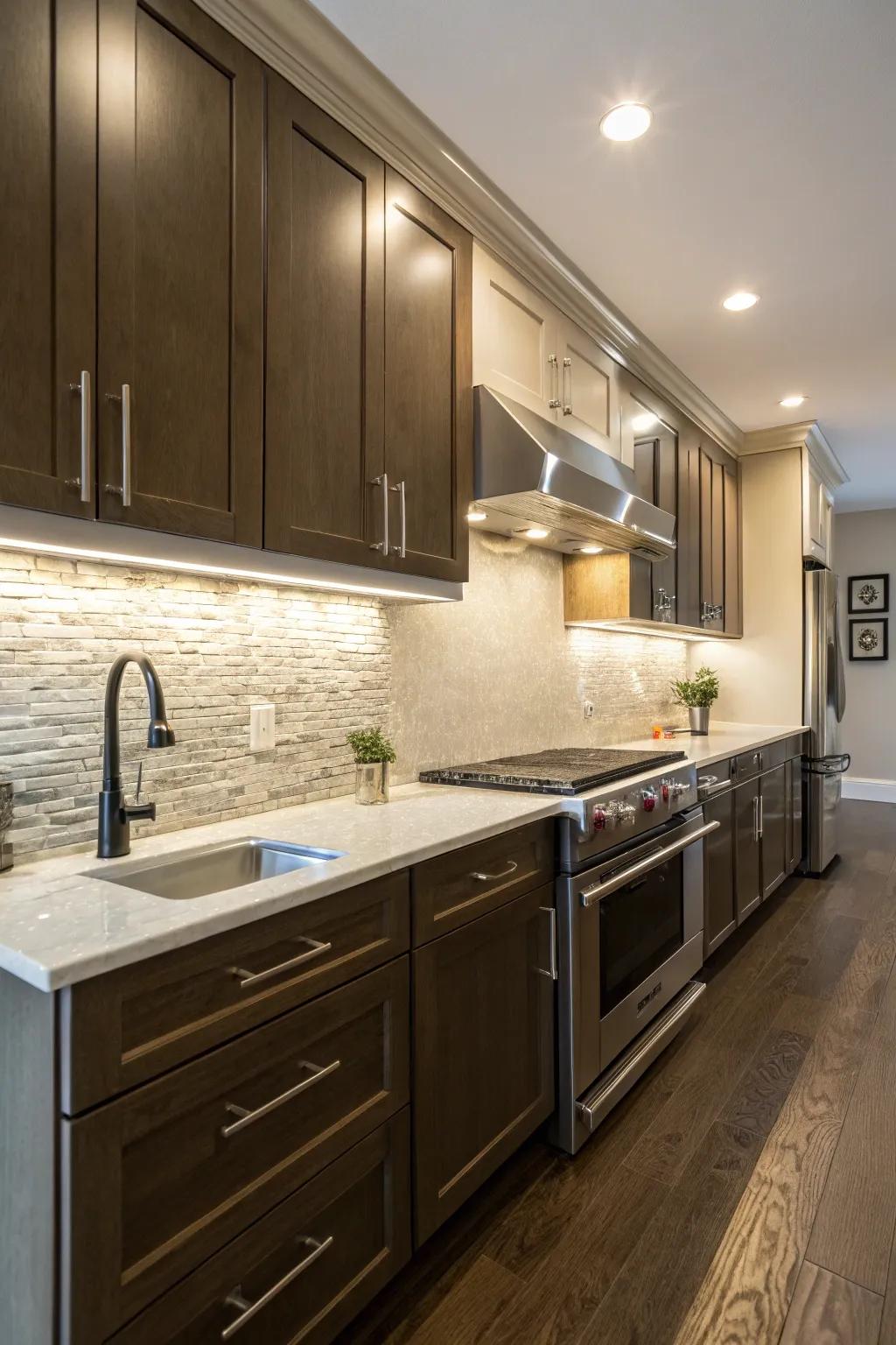 Crystalized stone backsplash beautifully accented with under-cabinet lighting.