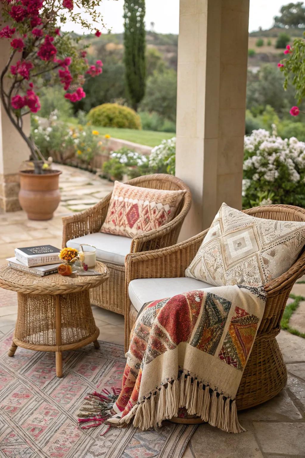 Boho chic merges with rattan for a laid-back patio style.