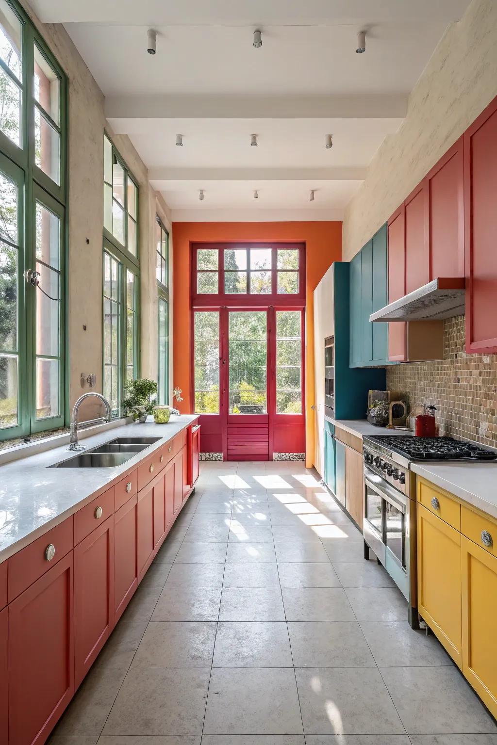 Bold hues establishing a dynamic atmosphere in a wide galley kitchen.