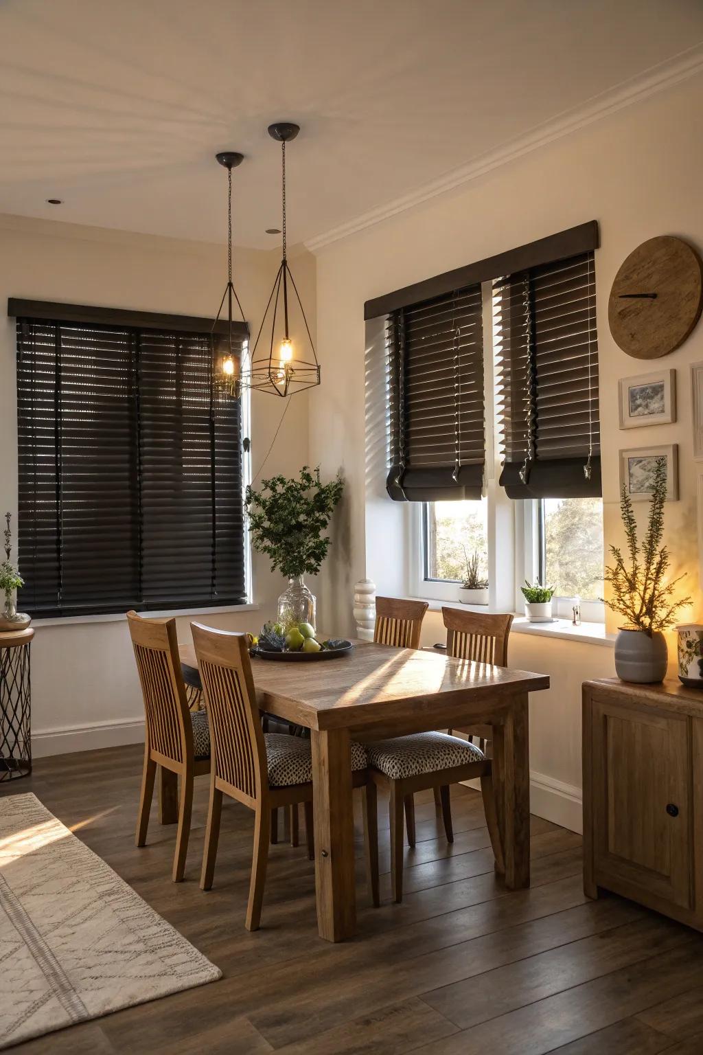 Contrasting coverings enhance the grandeur of a dining space.