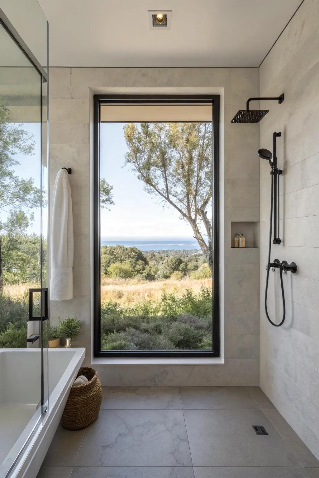 Uncomplicated frames highlight the view from the shower window.