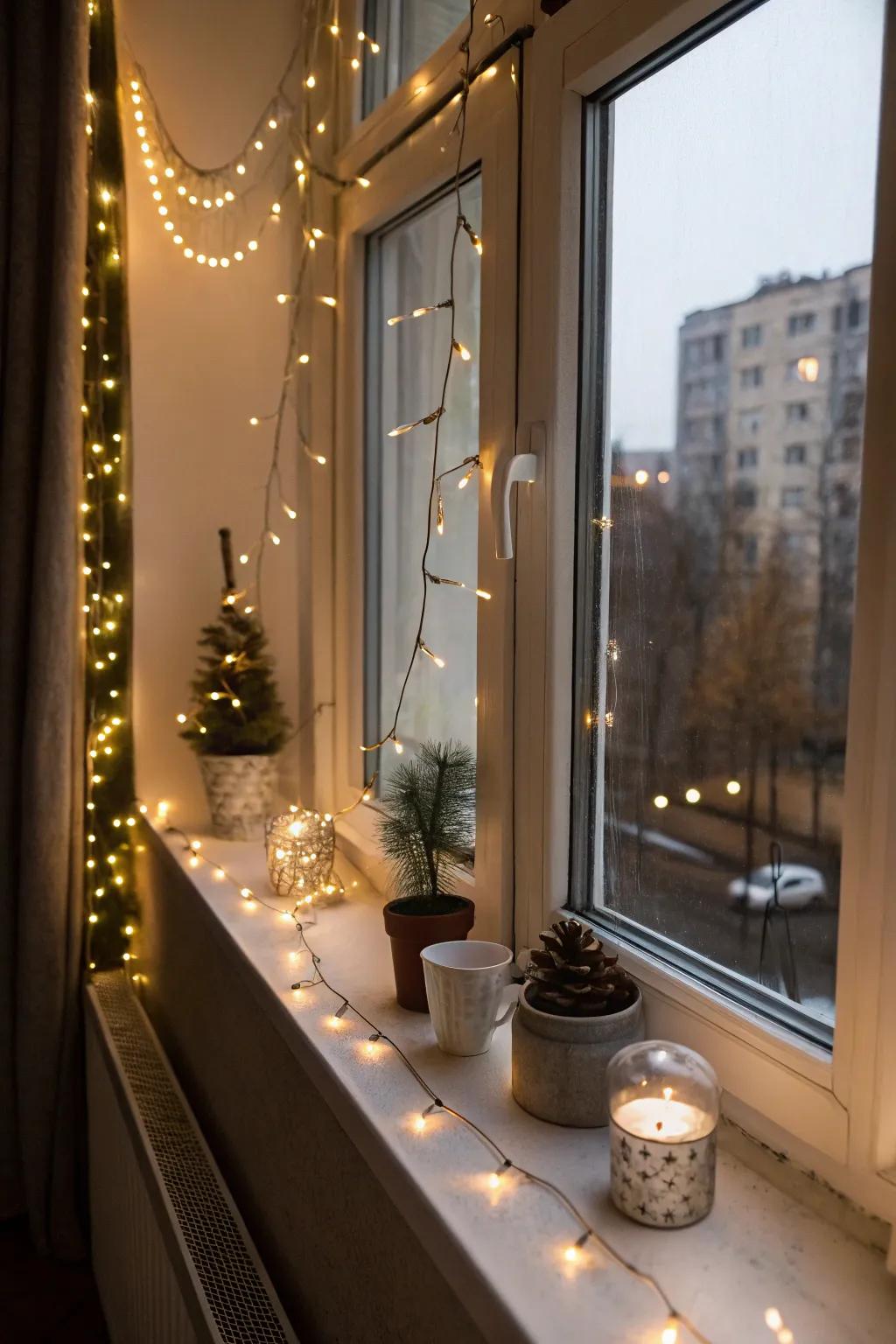 Fairy lights introduce a playful glow to a windowsill.