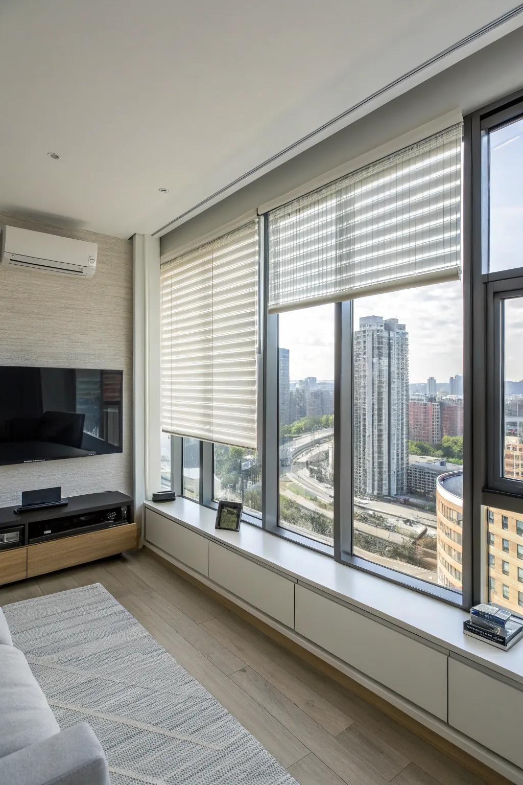 Automated blinds offer modern comfort.