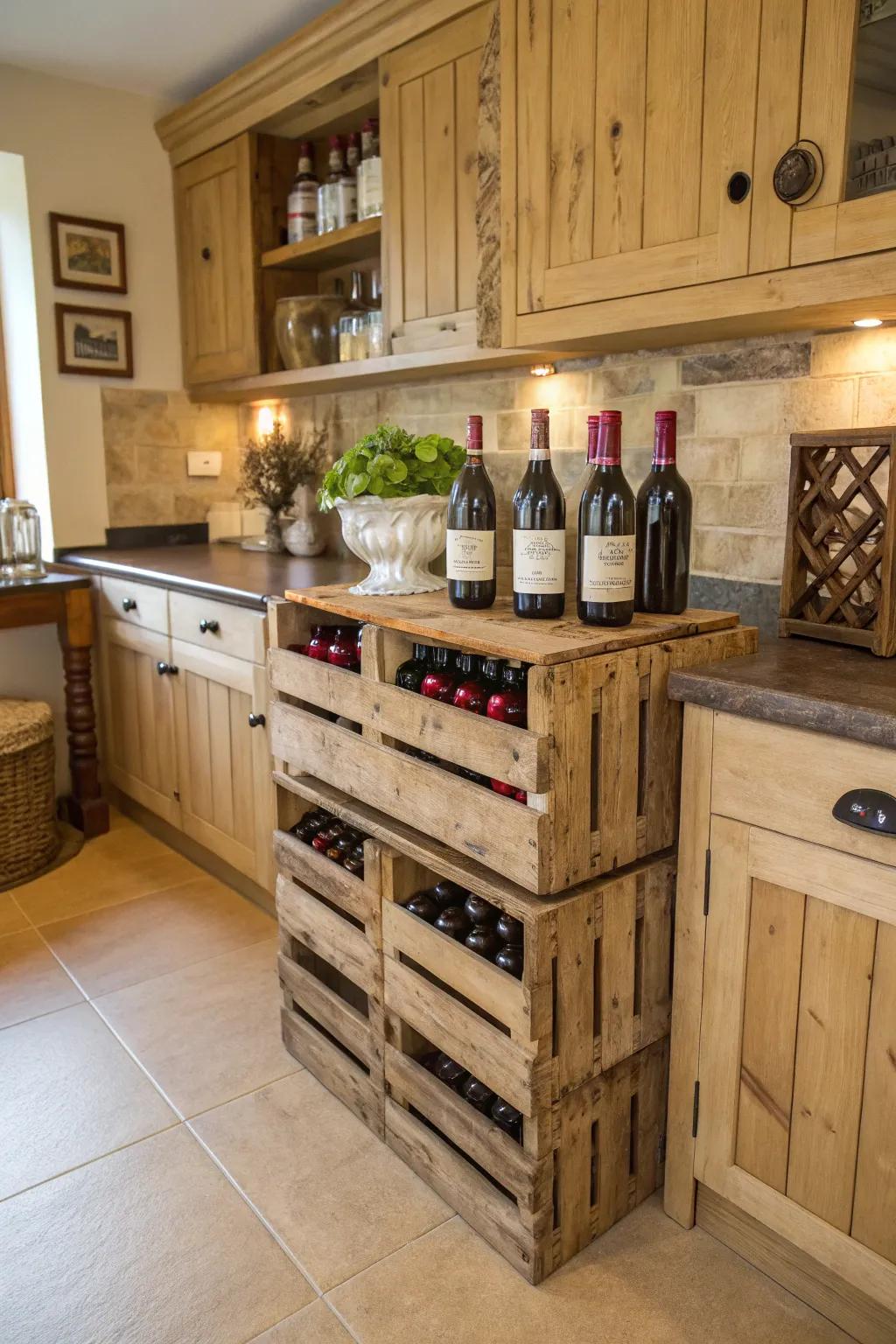 Vintage boxes add a touch of farmhouse style to wine storage.
