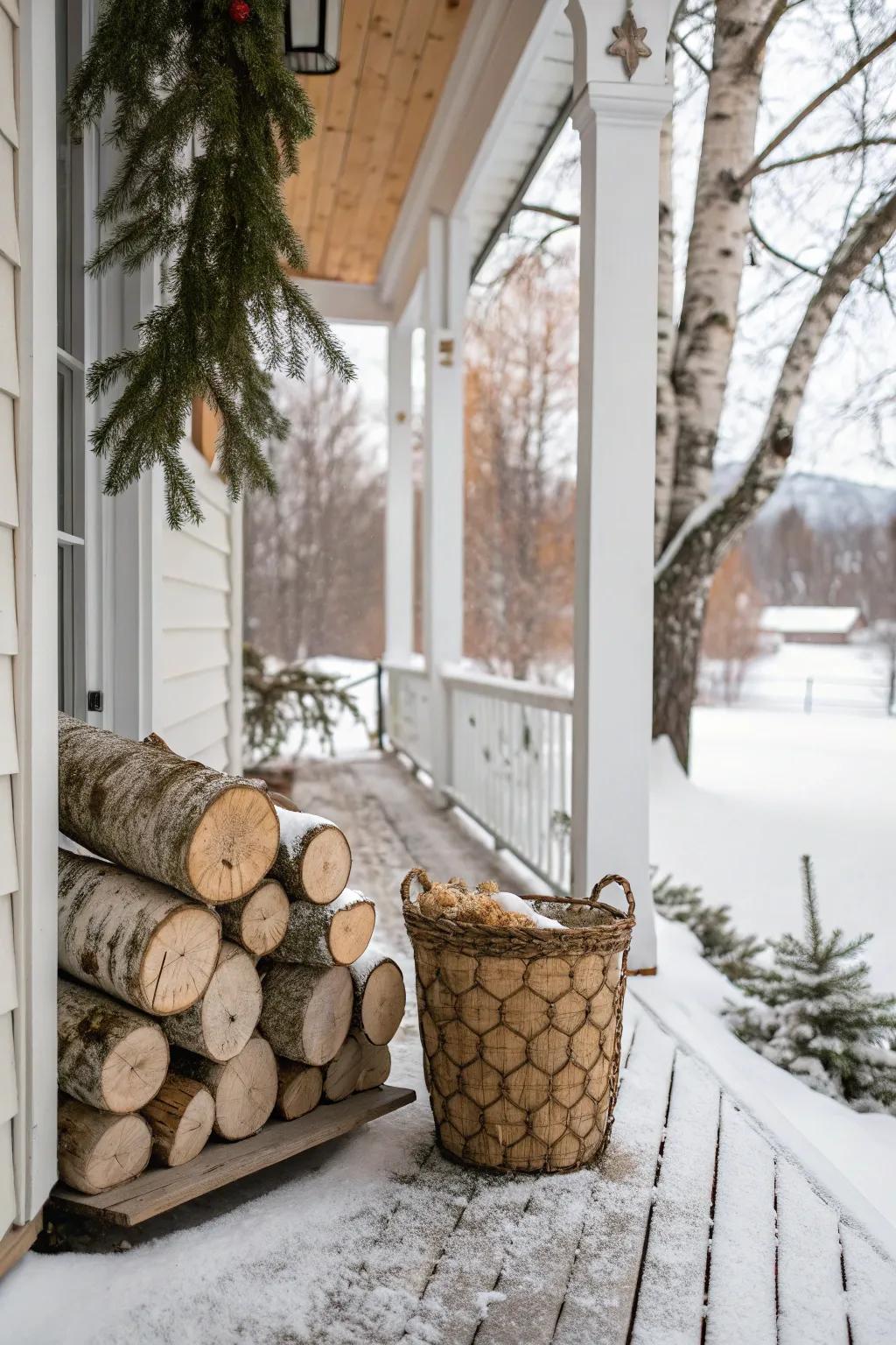 Piles of birch logs add rustic charm to this winter porch.