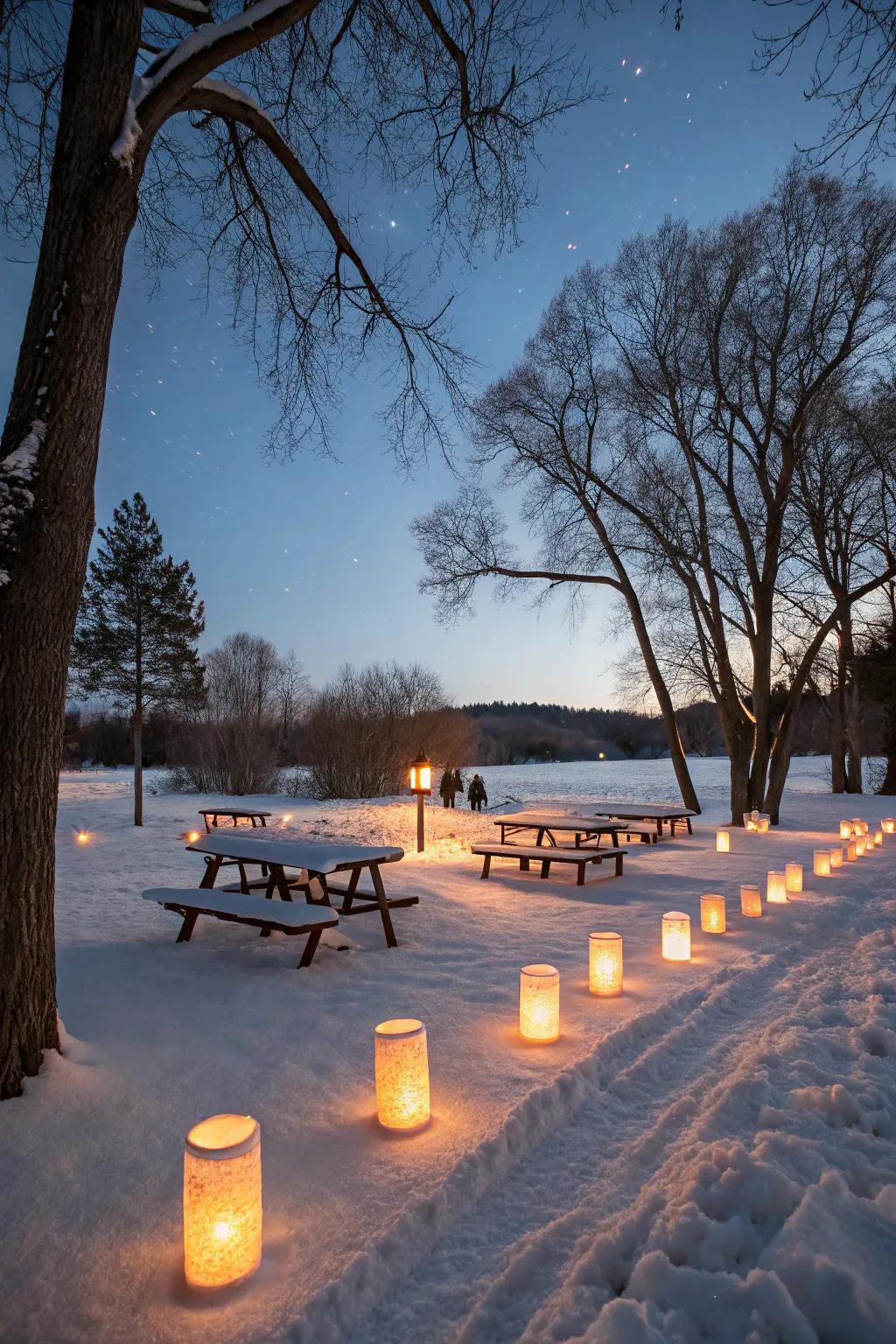 Ice lanterns introduce a magical picnic ambiance.