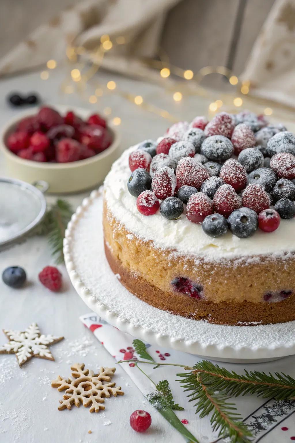 Frigid berries introduce a burst of color to this winter cake.