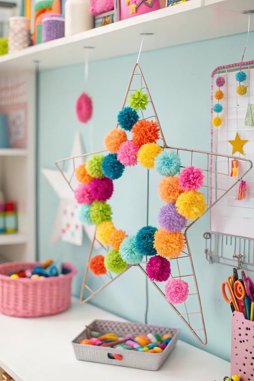 A vibrant and playful pom accent star wreath for lively decor.