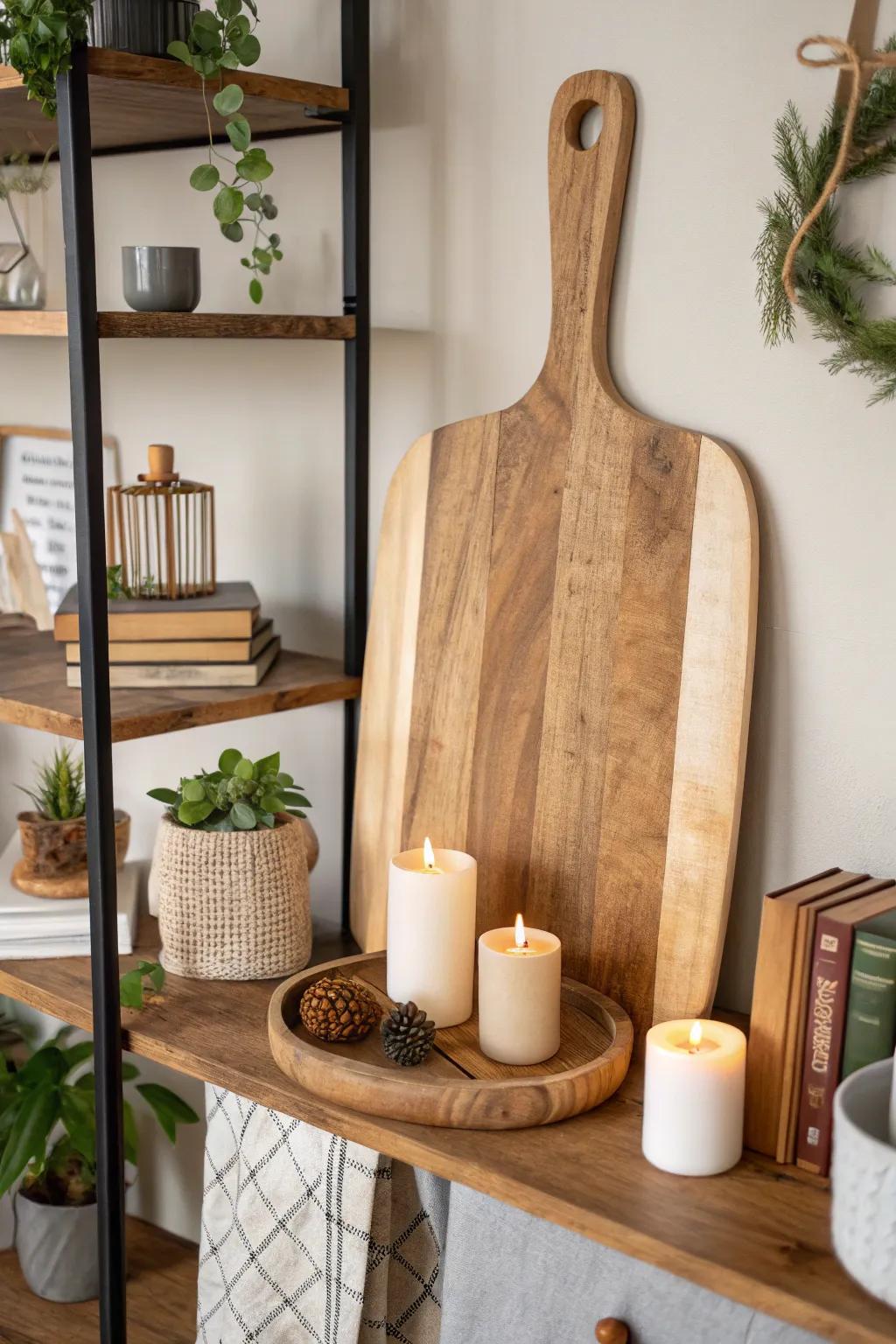 Enhance the shelf decor by utilizing a timber plank background.