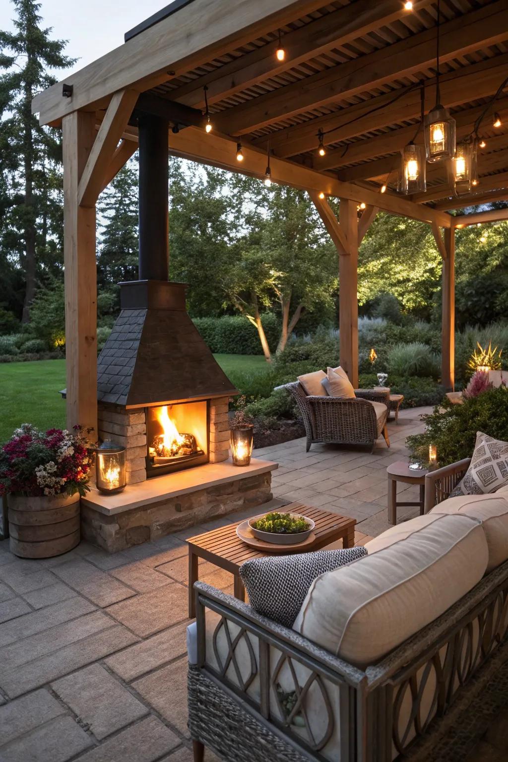 An outdoor haven with a cozy patio fireplace.