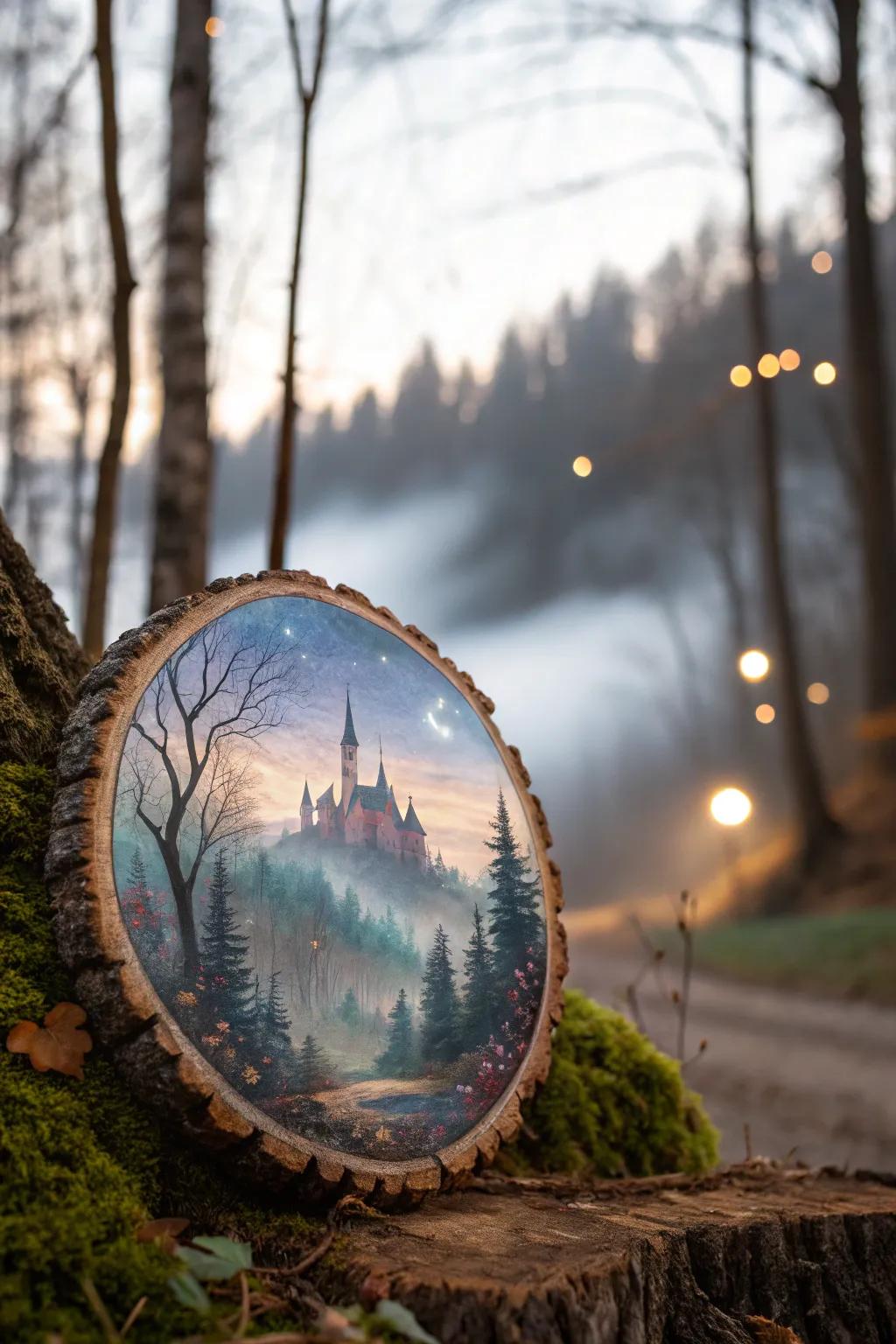 Step into a world of magic with fantasy-inspired wood circle art.