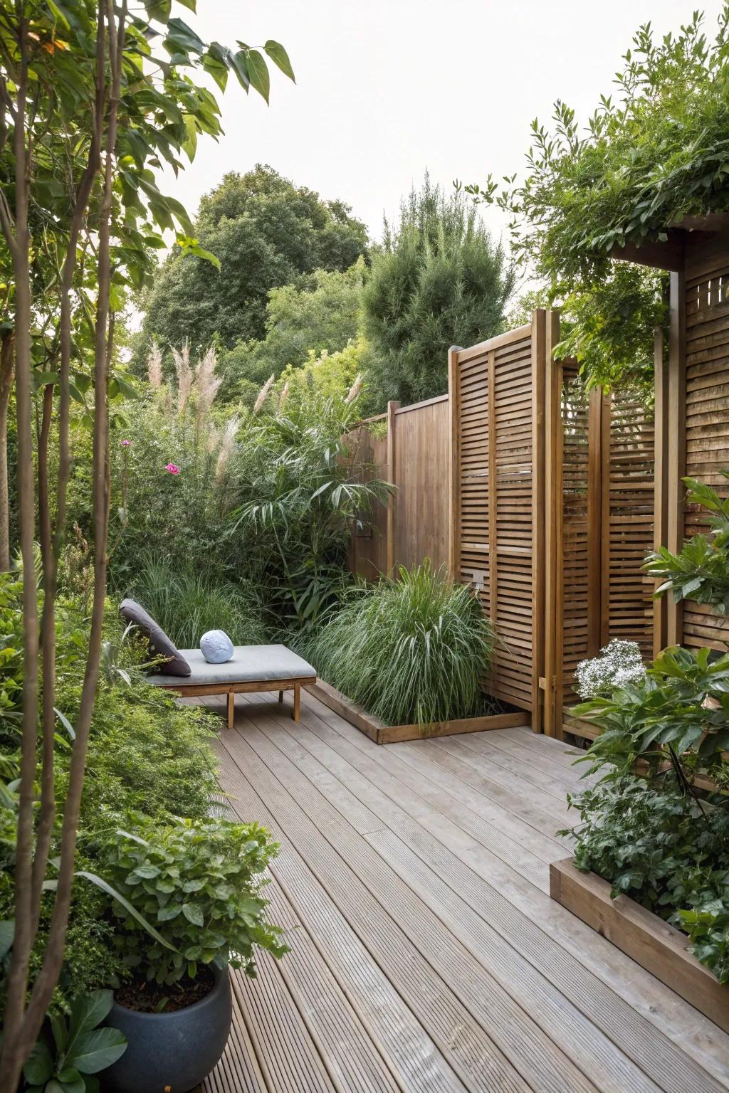 A hidden deck retreat provides peace and seclusion in your own backyard.