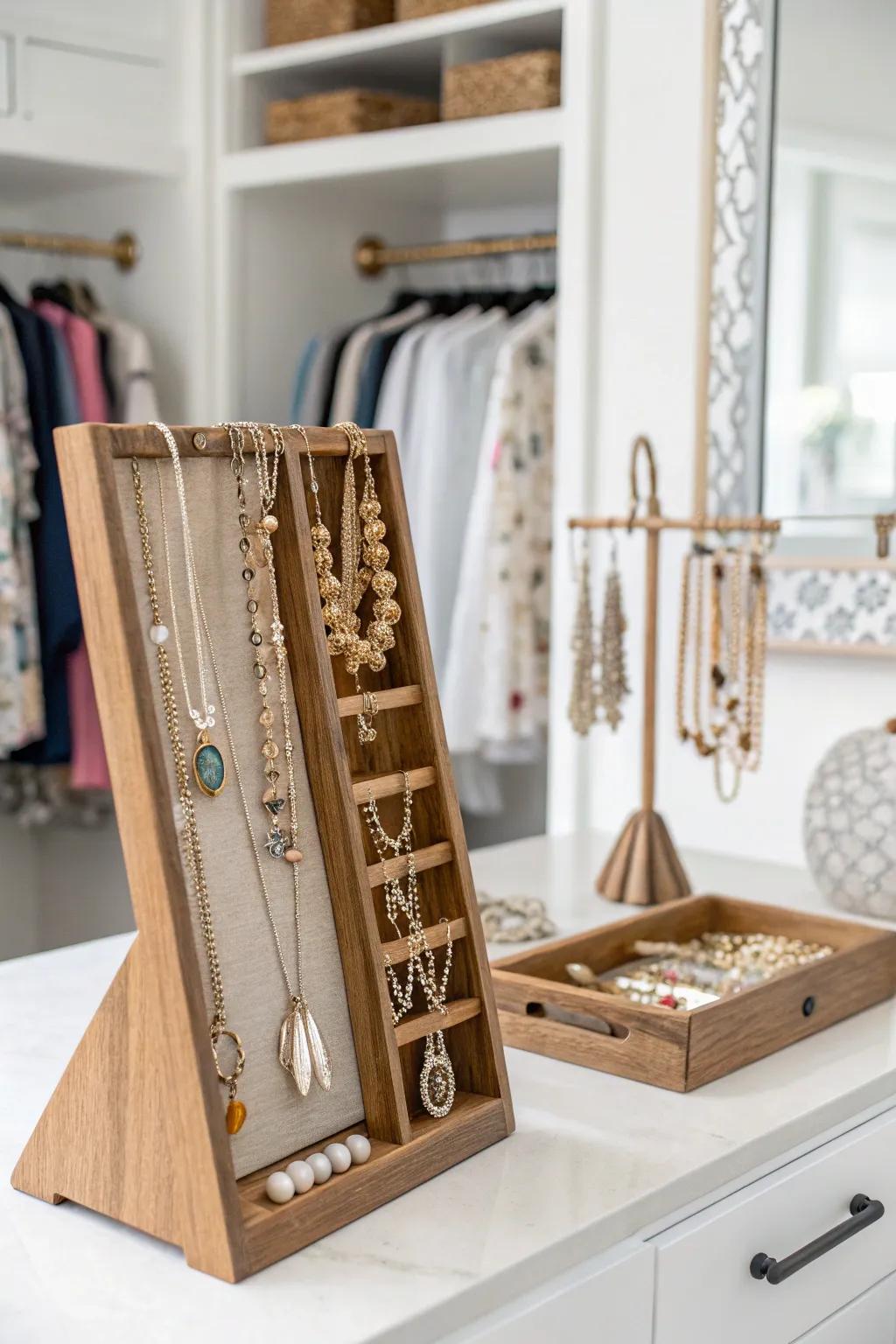 A wood jewelry holder keeps things tidy.