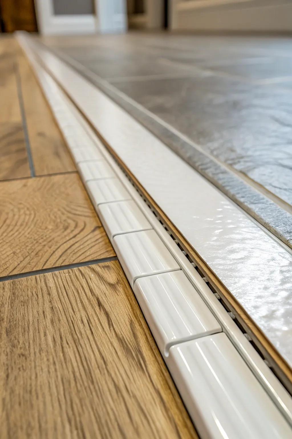 Close-up of a T-bar transition between tiled and hardwood flooring.