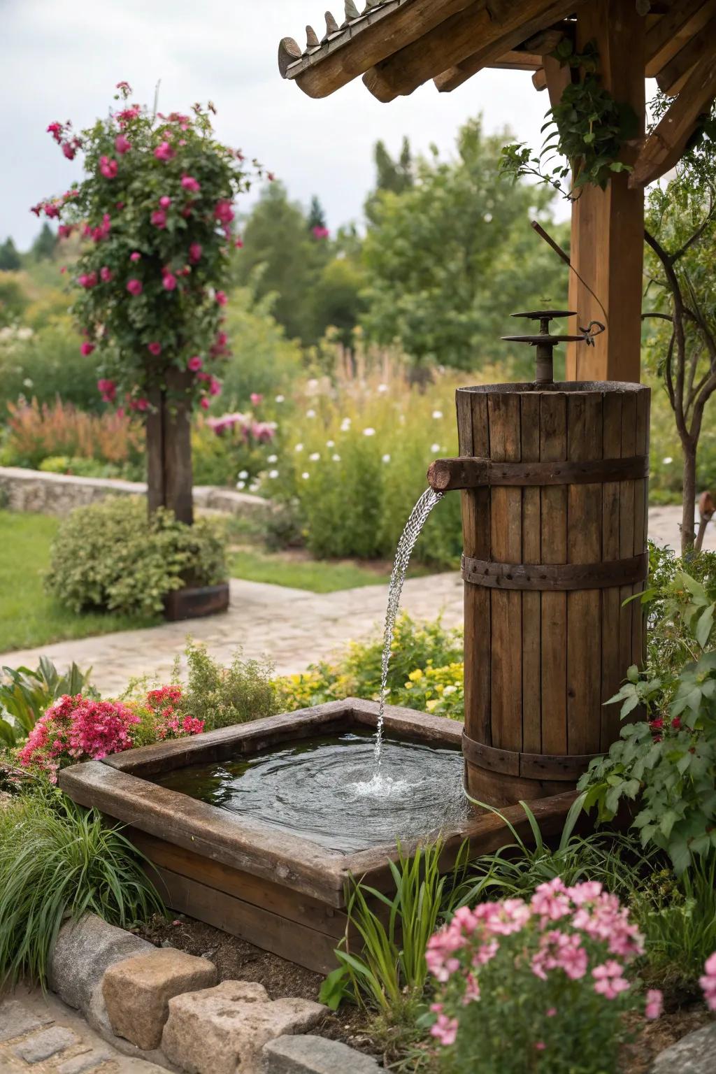 Boost tranquility with a wooden water feature.