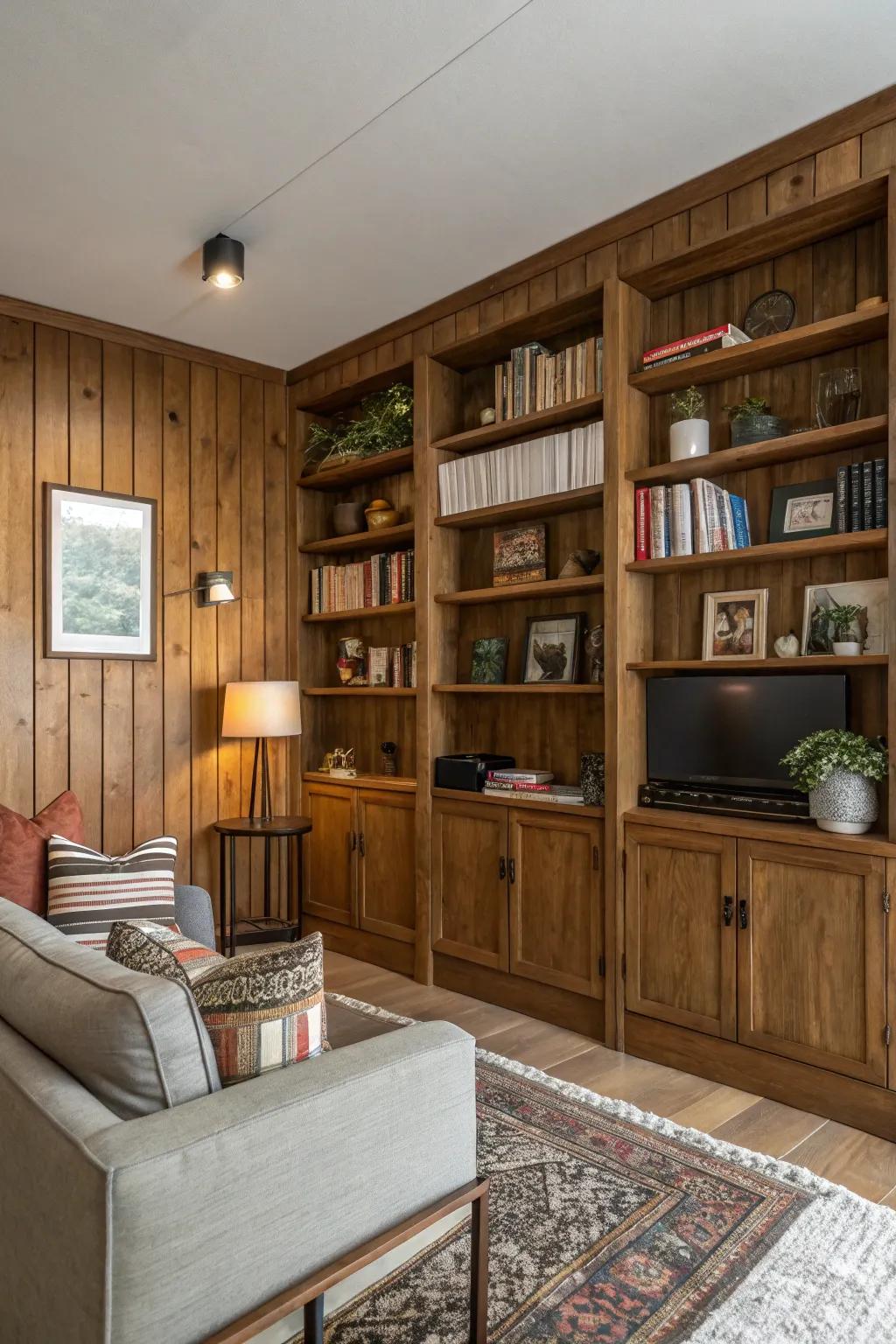 Integrated shelving with timber coverings maximizes space and style.