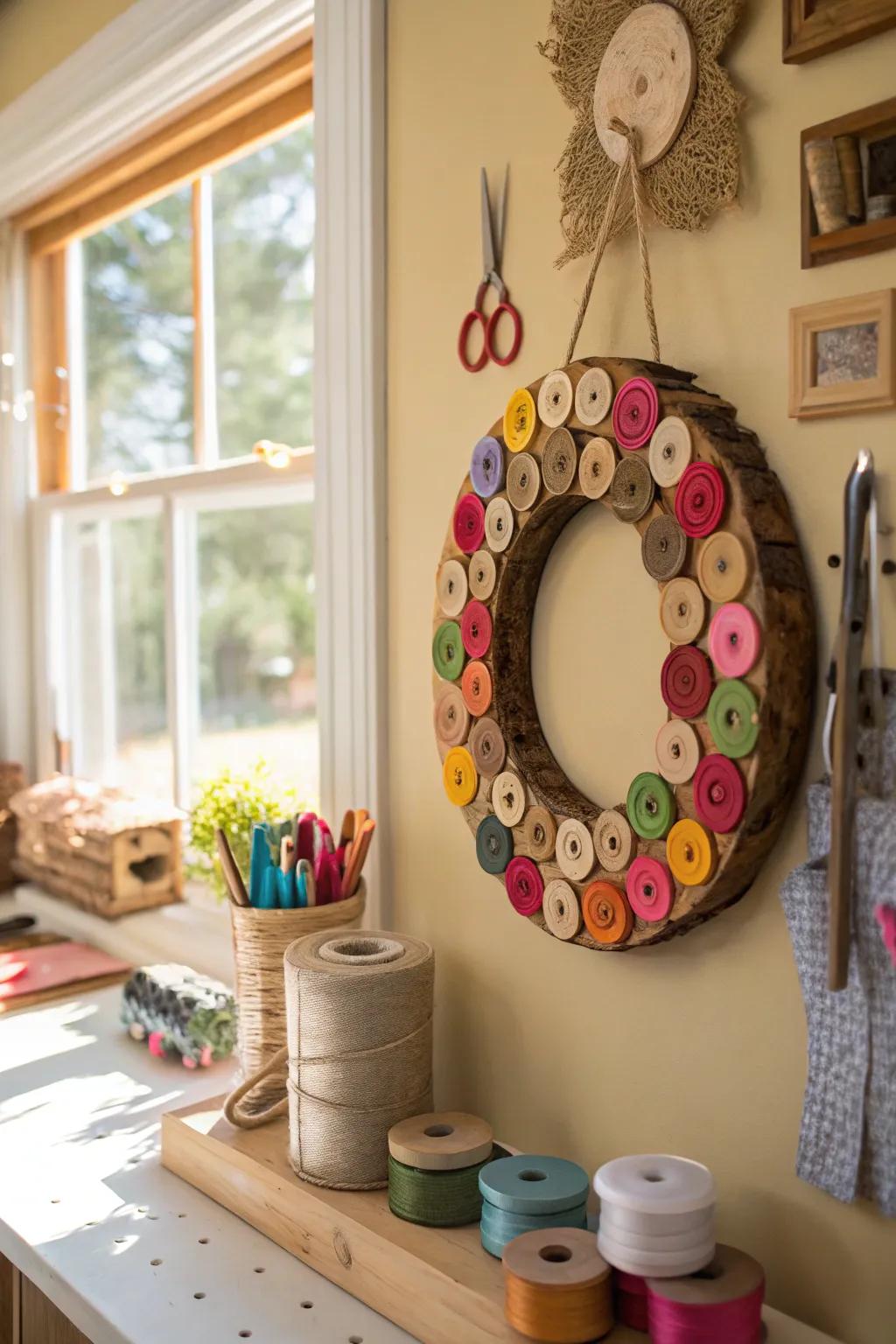 Wood round wreath using button accents provides a playful touch.