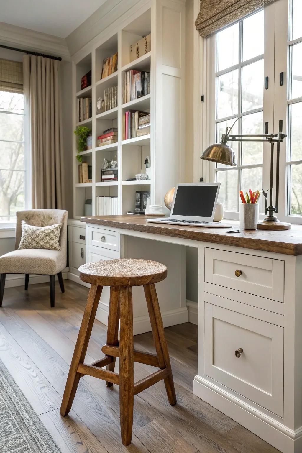 A wooden stool enhances the functionality of your home office.
