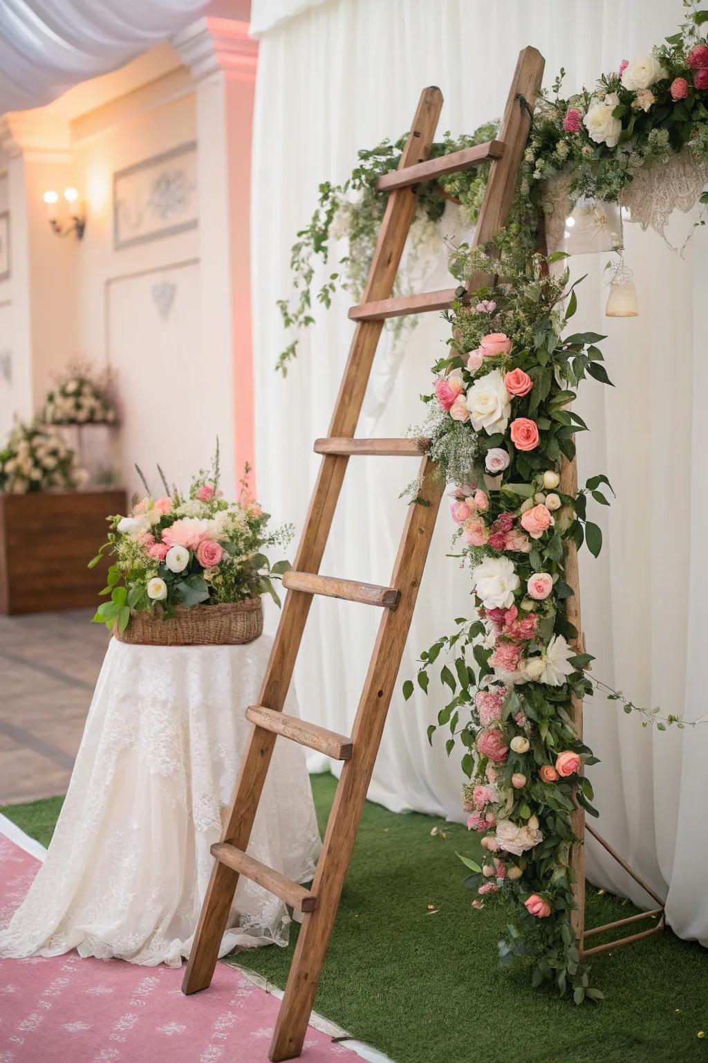 A timber riser adorned through blossoms evokes an artistic and visually stimulating wedding tableau.