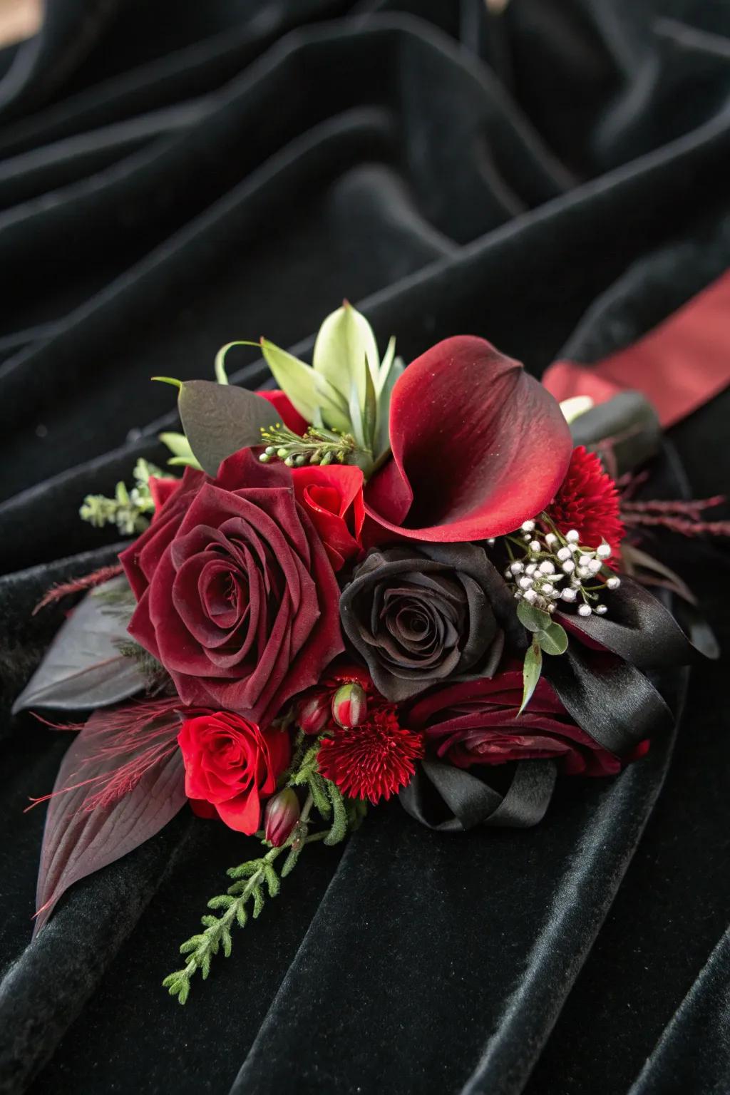 Dramatic wrist corsage featuring gothic glamour style.