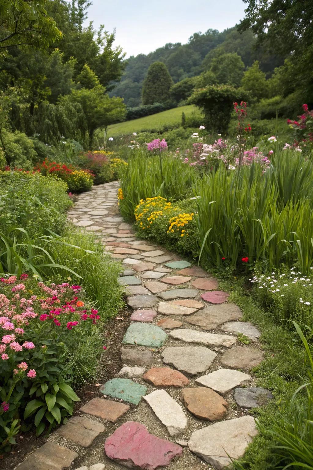 A colorful stone pathway invites exploration and adds charm.