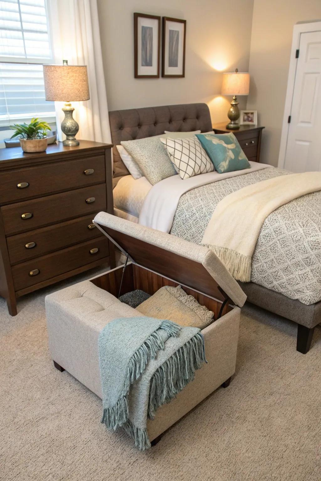 Ottomans work as seating and storage.