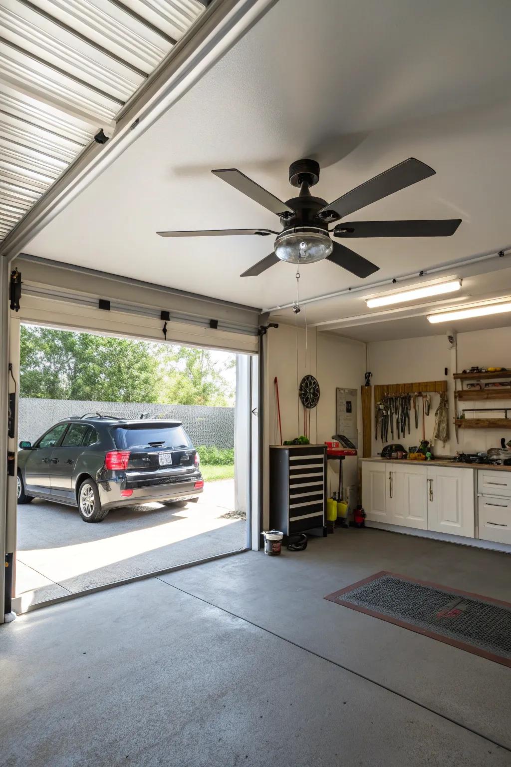 A ceiling fan enhances comfort in your garage.