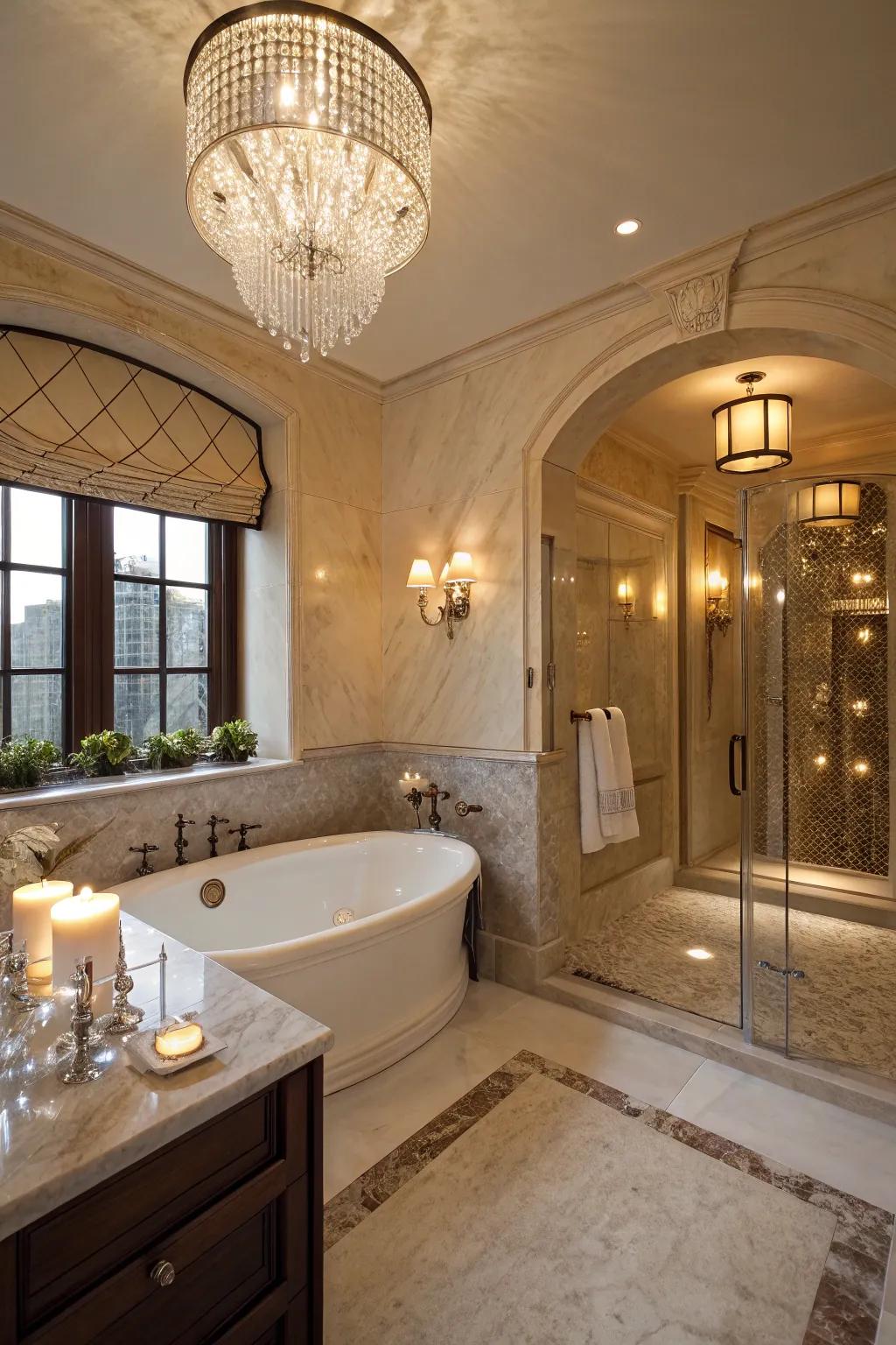 A luxurious bathroom serves as a spa-like personal sanctuary.