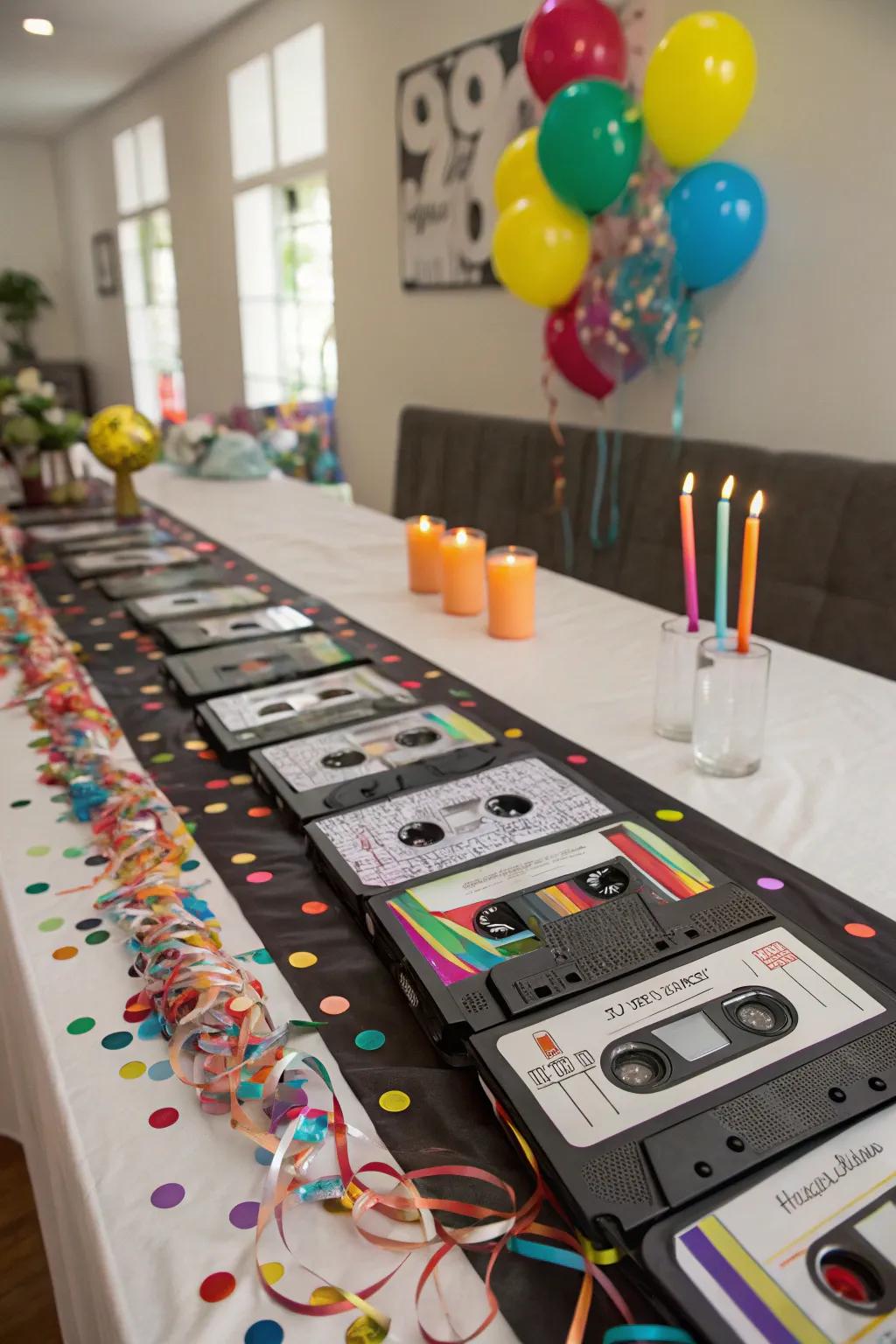 An audio cassette table cover brings a creative touch to your party decor.