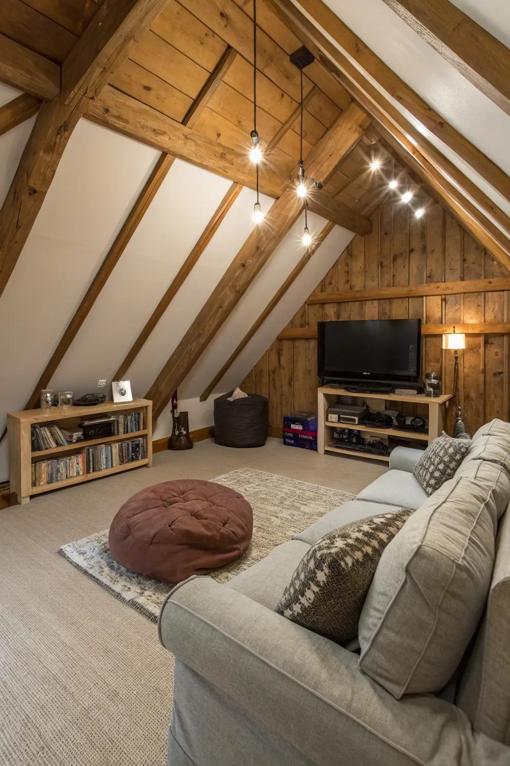 Establish a cozy entertainment zone for movie evenings within your attic.