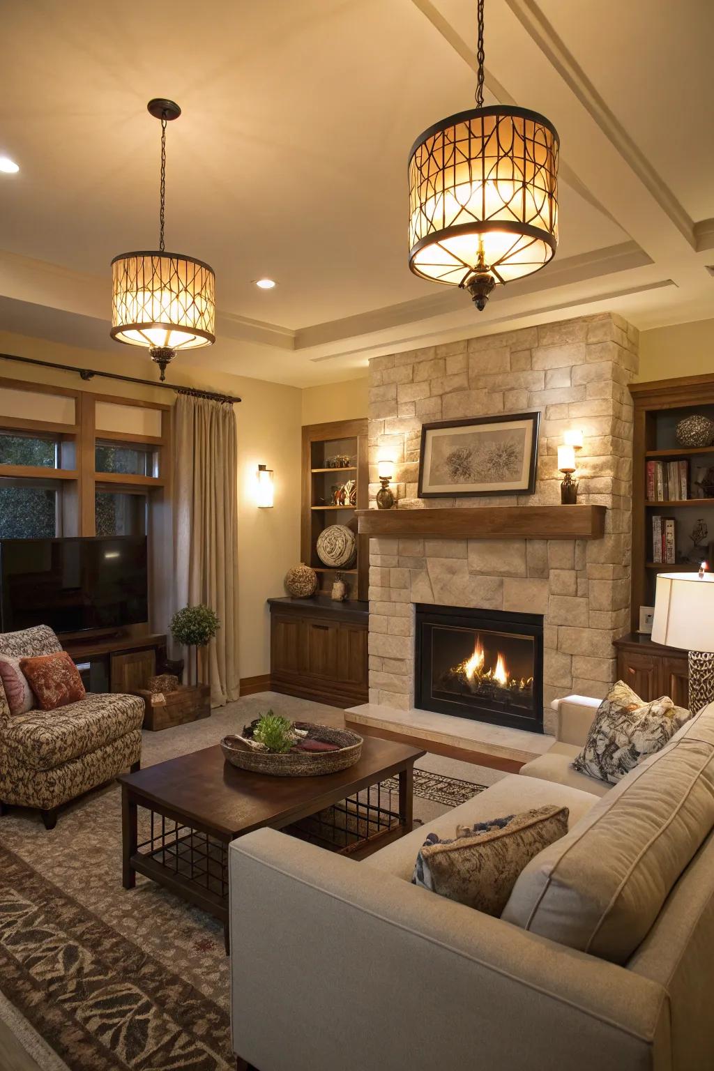 Contemporary lighting injects a modern accent and highlights the décor above the fireplace.