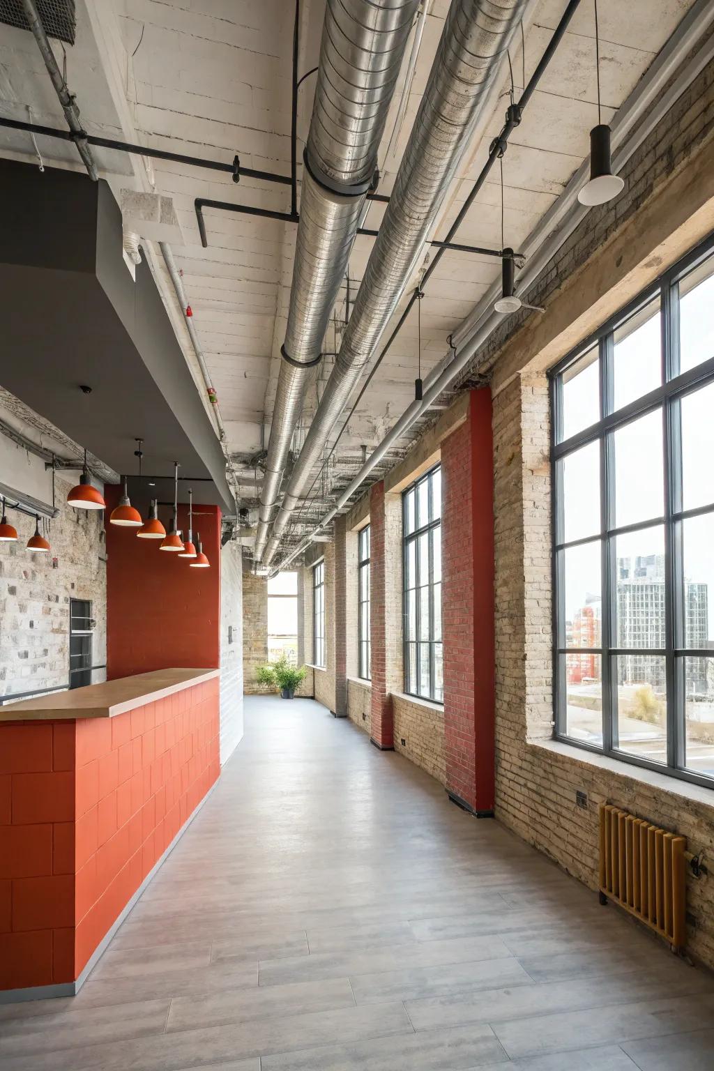 A loft space featuring an industrial-style accent wall for an urban vibe.