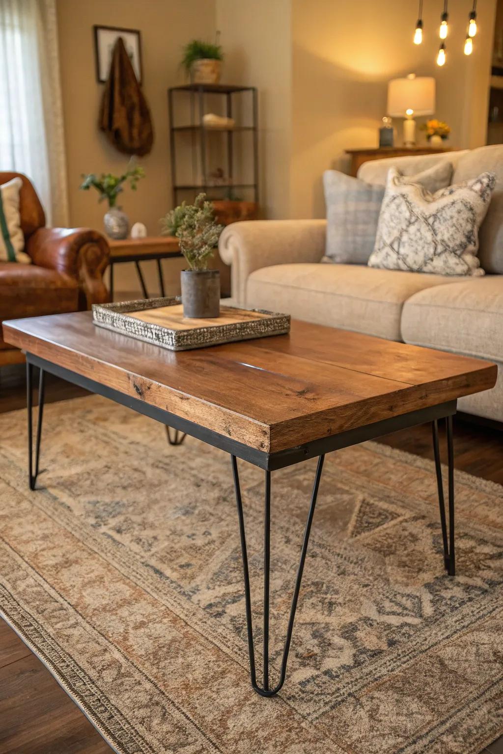 Create a statement using a coffee surface that blends materials.