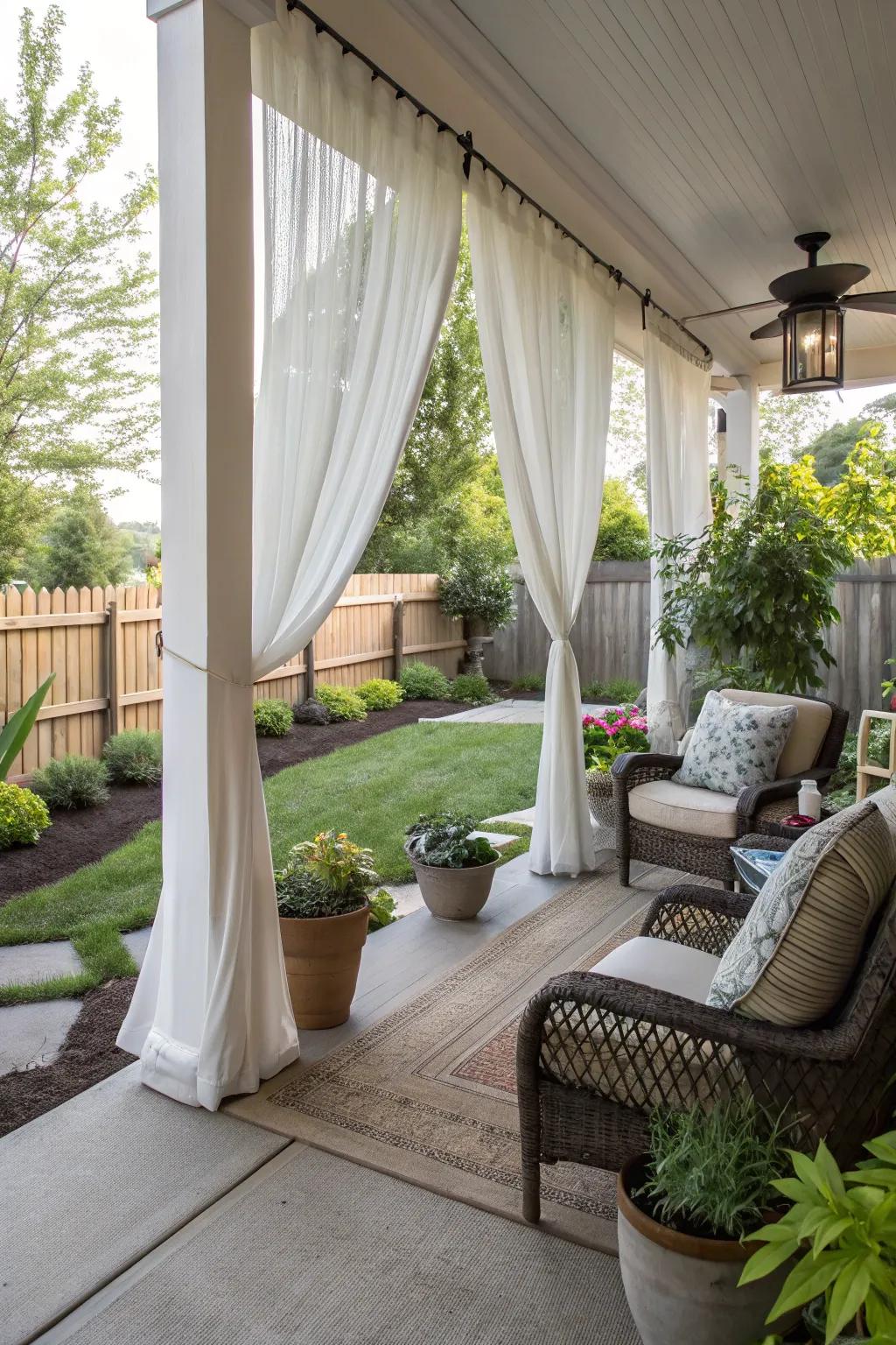 A porch with elegant exterior curtains for privacy.