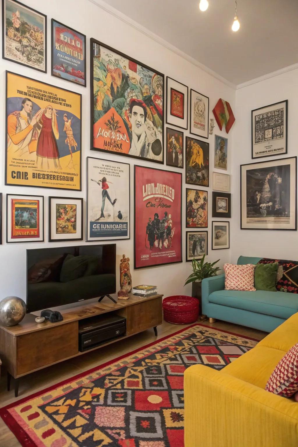 An eclectic art wall highlights a mix of styles and personal interests.