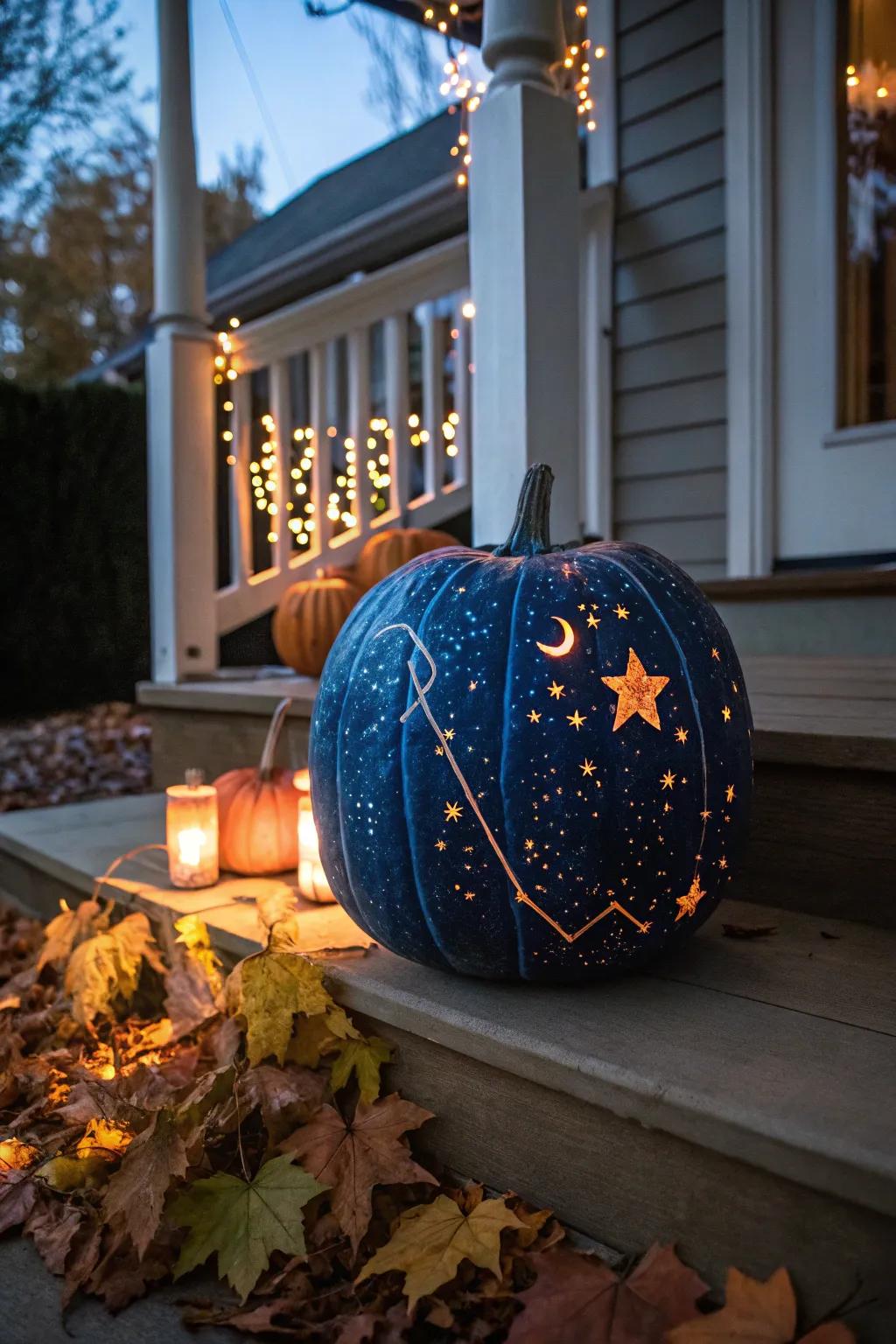 Illuminate your entrance with a constellation-carved pumpkin.