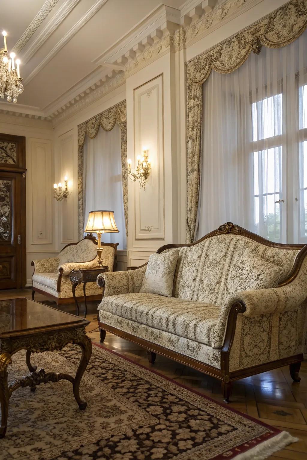 Damask textiles introducing lush elegance to a colonial-inspired room.