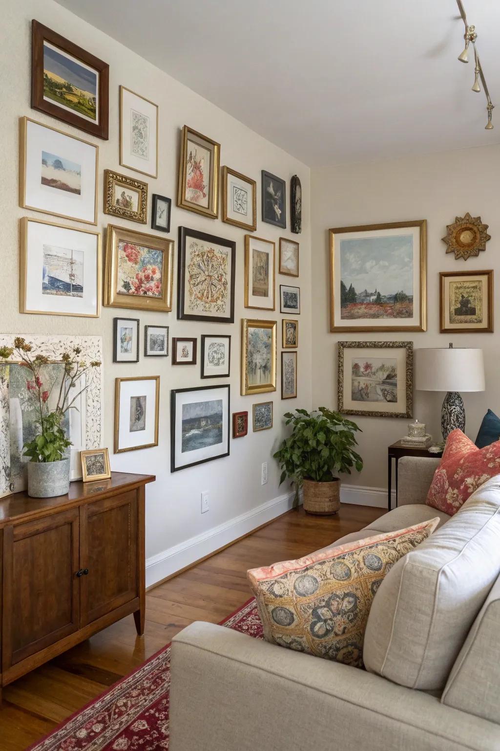 A vibrant wall of art adds character and personal style to the living room.