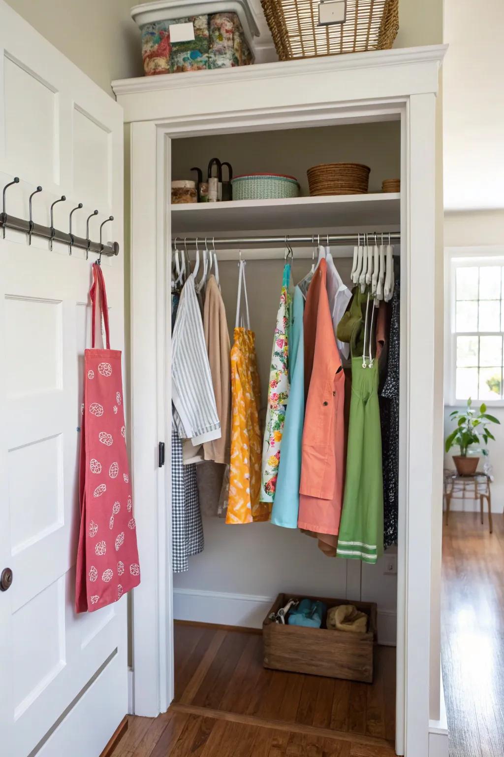 An exposed storage concept turns aprons into a decor statement.