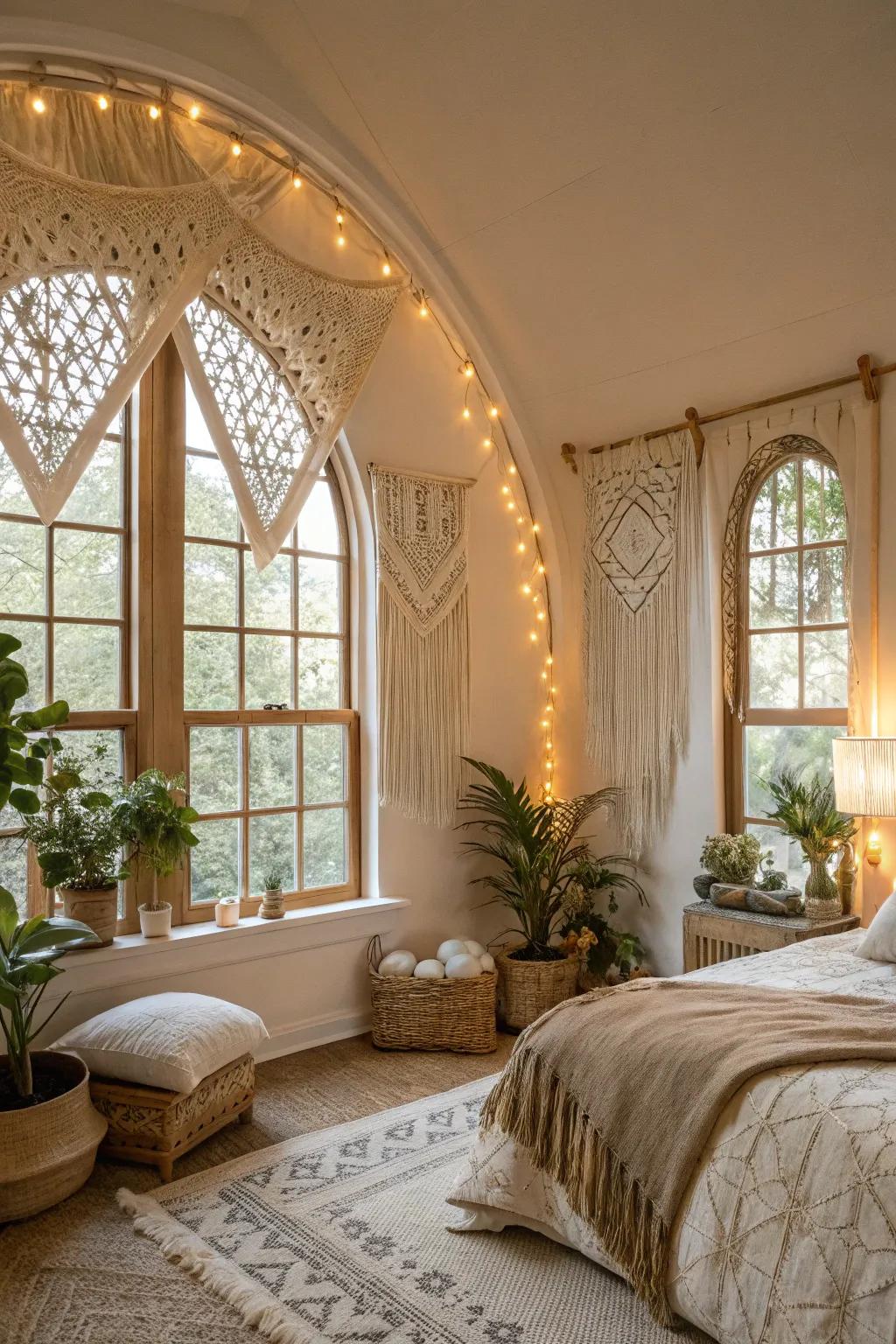 Bohemian bedroom with macramé treatment on arched windows.