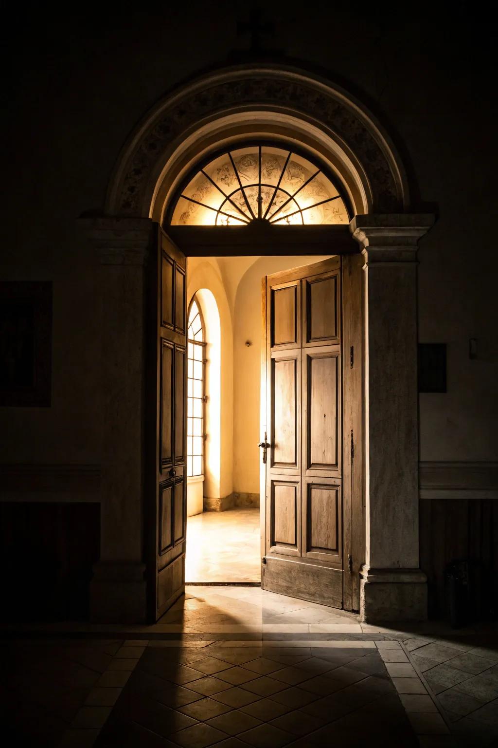 A strategically lit archway door enhancing the drama of the space.