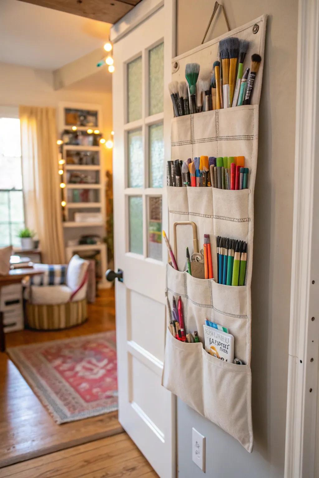 Over-the-door organizers provide efficient space utilization for storing art supplies.