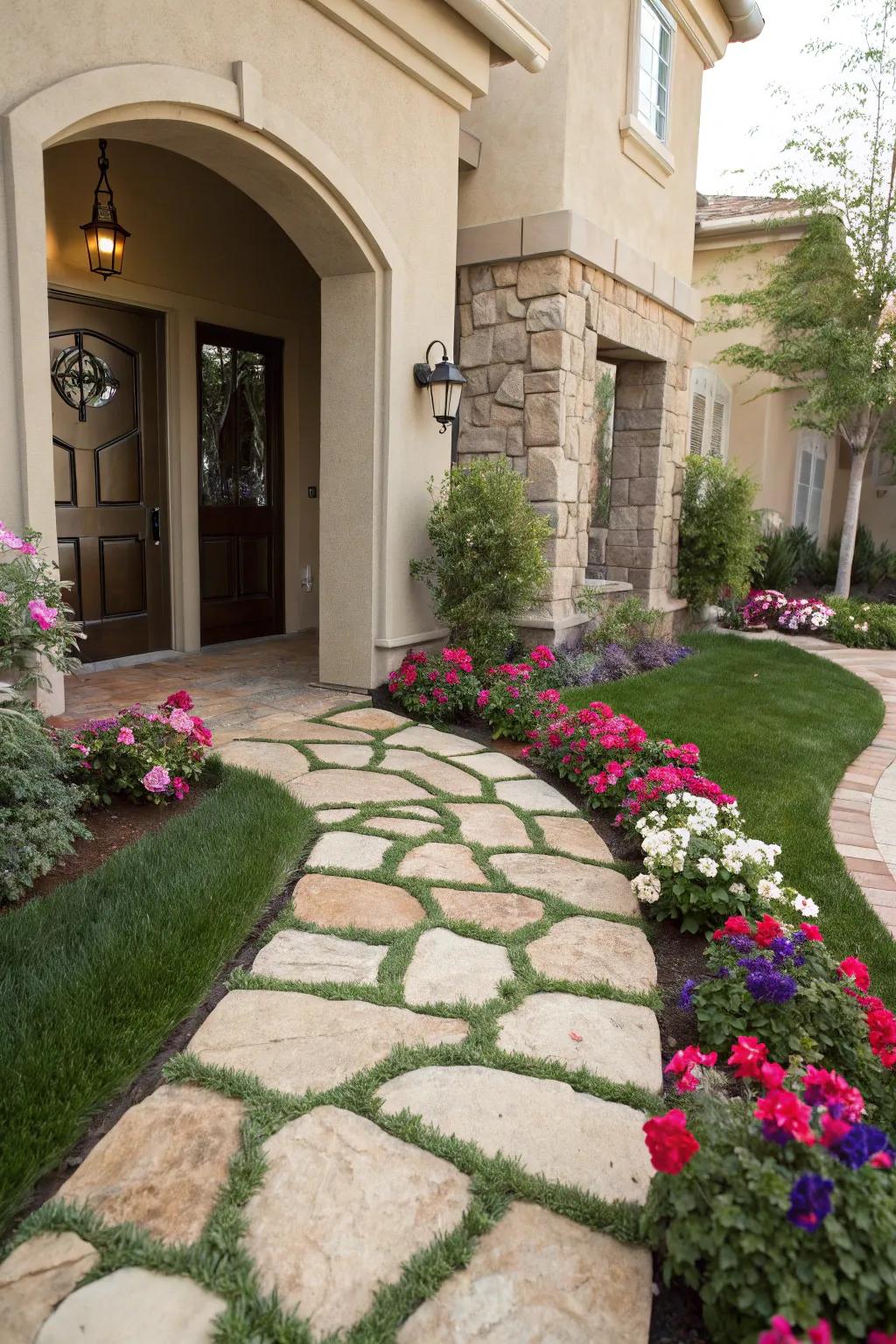 A stylish entryway featuring lush synthetic turf.