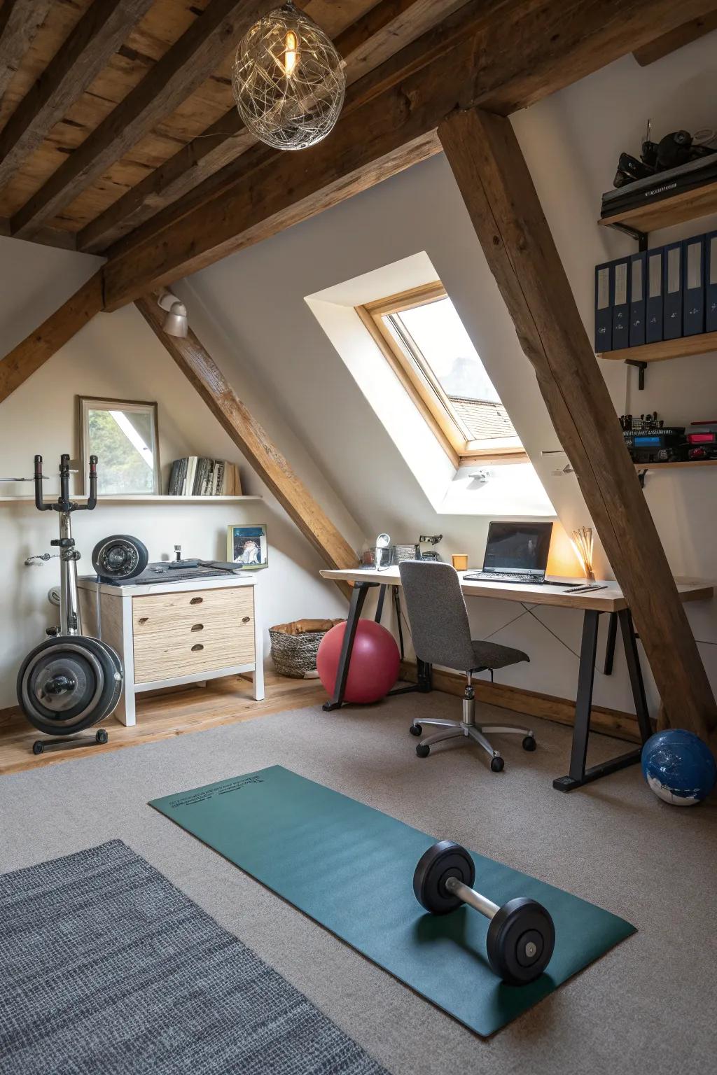 A dual-purpose attic combining fitness and productivity.