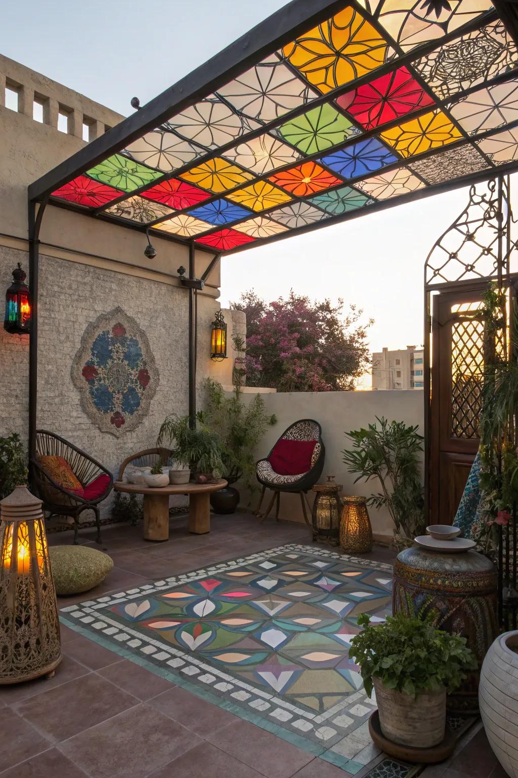 Introduce artistic flair through a painted glass awning.