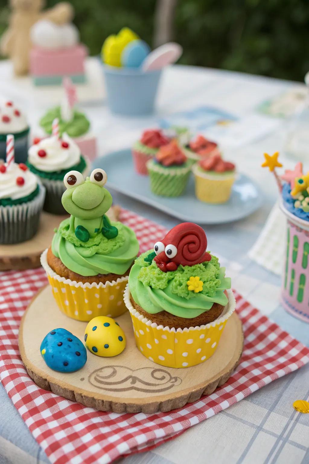 Cupcakes featuring frogs and snails for a boyish charm.