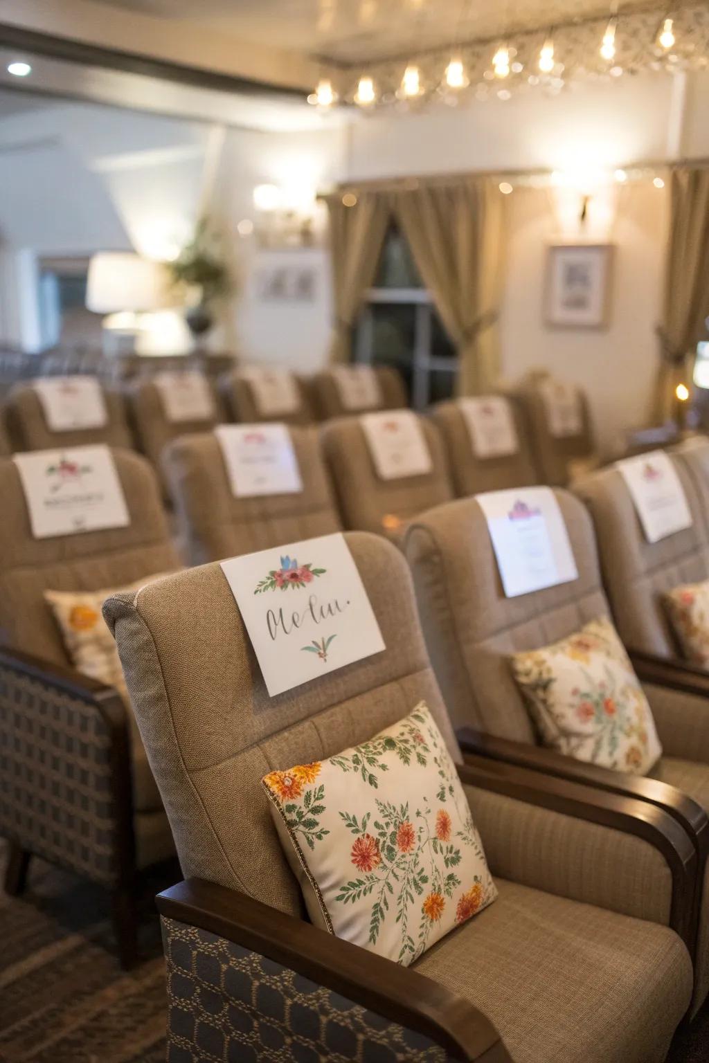 Personalized seating equipped with custom name cards for guests.