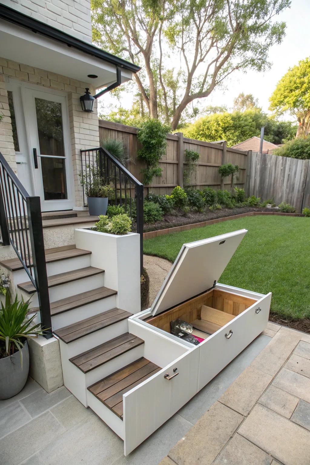 Hidden storage under steps offers practical utility.